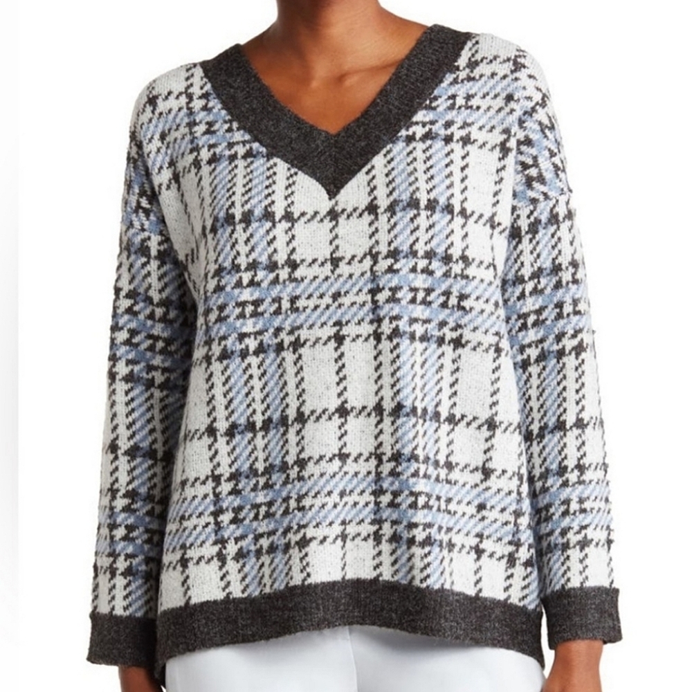 JOSEPH A. Plaid V-Neck Long Sleeve Oversized Sweater SIZE: M - Picture 1 of 9